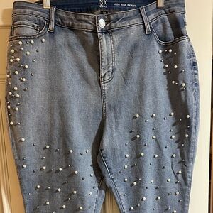 New York & Company Blue Skinny Jeans with Rhinestone Embellishments